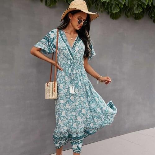 Drop Shipping Summer Seaside Vacation Loose Leisure Vacation Dress V-neck Tie Bohemian Dresses