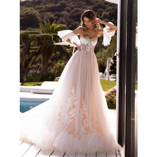 Light Pink Sweetheart Strapless Bridal Chic Gown Beach Tulle Outdoor Princess Glitter Plus Size Luxury Appliqued Wedding Dress