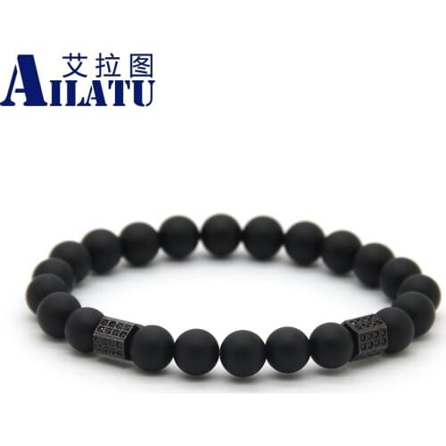 Ailatu High Grade Jewelry Micro Inlay Black Zircon Rectangle Menss CZ Beads Bracelet with 8mm Matte Stone