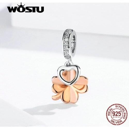WOSTU Rose Gold Four-Leaf Heart Dangle Charm 925 Sterling Silver Zircon Beads Fit Original Bracelet Pendant Fine Jewelry FIC1238
