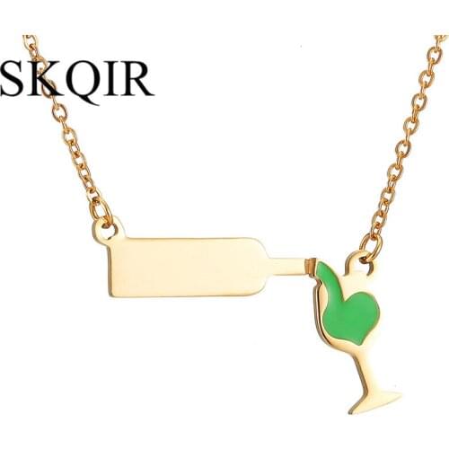 Green Enamel Wine Goblet Pendant Necklace for Women Fashion Gold Color Stainless Steel Chain Choker Beer Wineglass Jewelry Gift