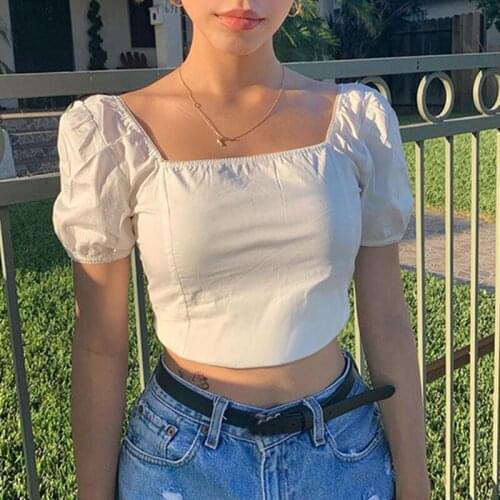 Elegant Sexy White T-Shirt Women Short Sleeve Square Collar Slim Fit Crop Top Holiday Summer Casual Solid Short Tops Streetwear