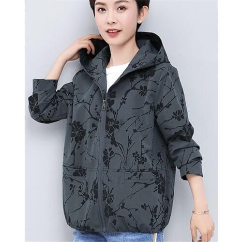New Spring Autumn Women Short Jacket 2019 Casual Plus size Print Hooded Zipper Pocket Long-Sleeve Coat Jacket Female Outwear Top