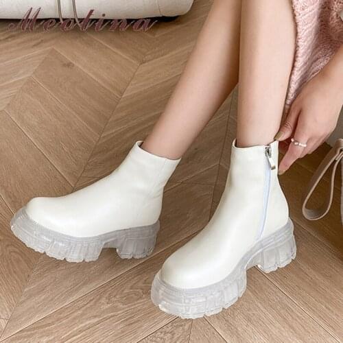 Meotina Women Genuine Leather Ankle Boots Platform Round Toe Thick High Heel Boots Transparent Zipper Ladies Boots Autumn Winter