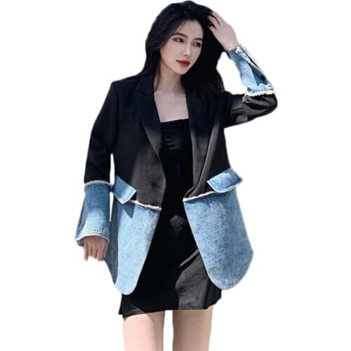 Blazer Women 2020New Autumn Korean Loose Fashion Denim Stitching Blazer Coat Female Spring Loose Jacket NS2342