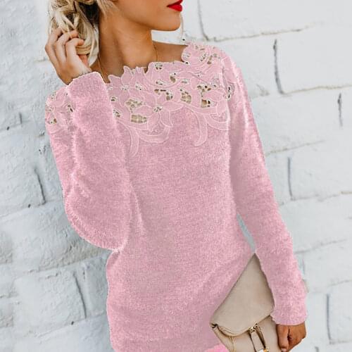 Winner Off-shoulder Sweaters Women Solid Color Long Sleeve O Neck Floral Lace Pullover Plus Size Sweater High Quality Tops