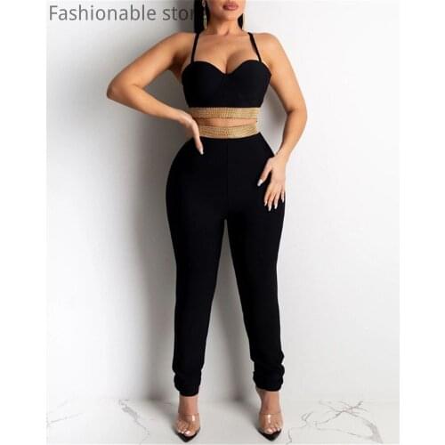 Women Studded Crop Top & High Waist Skinny Pants 2 Piece Sets