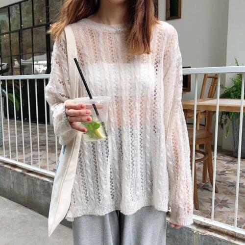 2020 Women Spring Sweater O-neck Hollow Out Transparent Female Fashion Pollover Korean Style Ladies Jumper Sexy