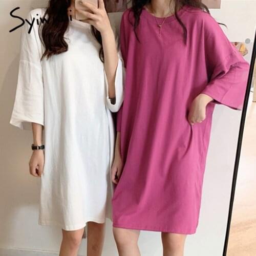 Syiwidii Big T Shirt Dress for Women 2021 Summer Cotton Short Sleeve Korean Club Loose Plus Size Harajuku Mini Dress White Black