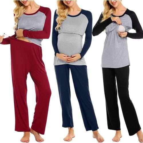 2020 Maternity Pregnant Women Pajamas Set Long Sleeve Nursing Baby Breastfeeding T-shirt Tops+Adjustable Pants Pajamas Sleepwear