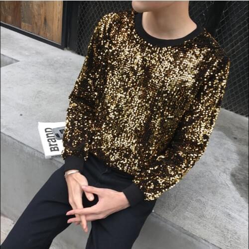 2020 New Sequined Round Neck Tops Men Long-sleeved T-shirt Rock Jazz Performance Hairstylist Clothes Male Singer Stage Costumes