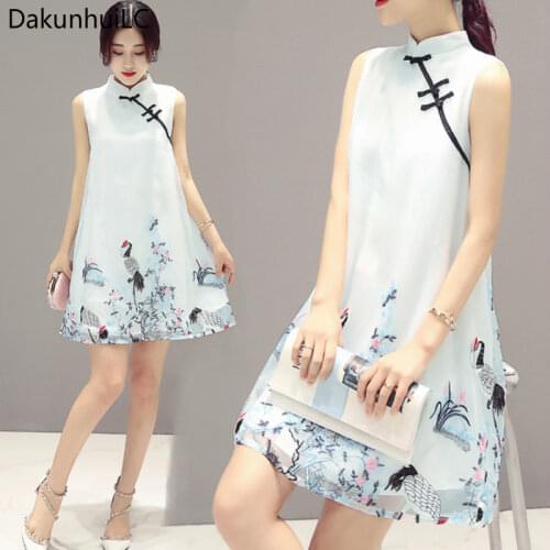 2019 Summer retro chinese traditional women cotton broadcloth knee cheongsam female sleeveless print casual design qipao