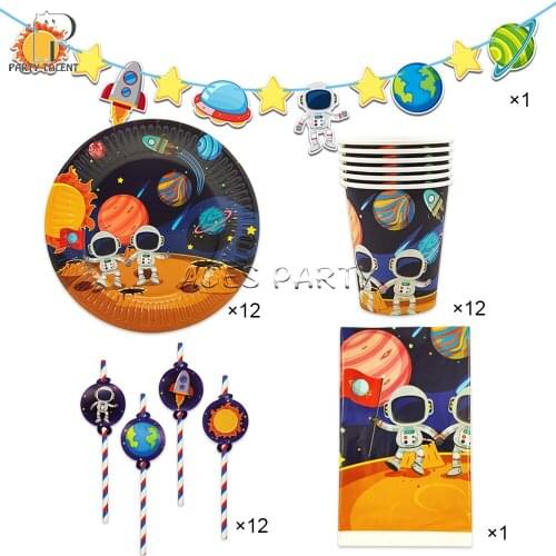 38Pcs for 12kids Astronaut Solar Space theme birthday party supplies tableware set, plate+glass+straw+banner+tablecover ect