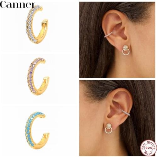 CANNER 1PC 925 Sterling Silver Ear Cuff For Women Charming Zircon Clip On Earrings Gold earcuff Without Piercing Earring Jewelry