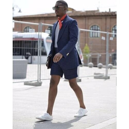 Summer Mens Suits 2 Pcs With Short Pants Costume Homme Dark Blue Grooms Wedding Tuxedos Terno Masculino Slim Fit Prom Blazer