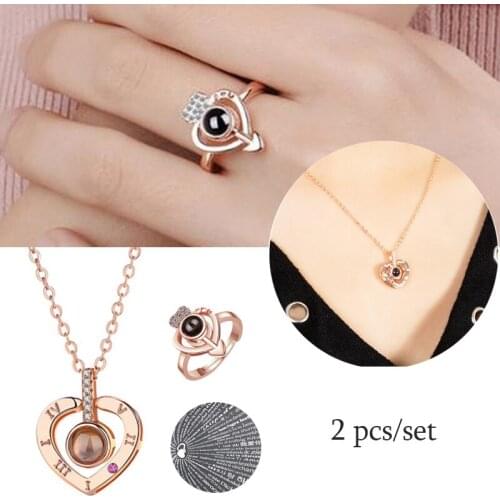 Fashion Romantic Couple Wedding Adjustable Rhinestone Heart Shaped Projection Necklace Ring Set