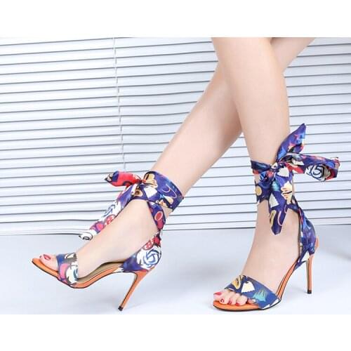 Carpaton Newest Printed Cloth Lace-up High Heel Shoes 2019 Sexy open Toe Thin Heels Shoes Butterfly-knot Gladiator Sandals