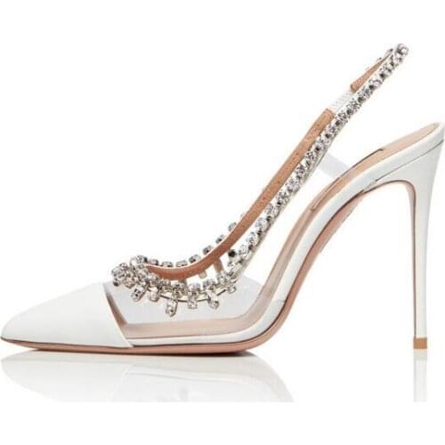 Sexy White Clear PVC Crystal Wedding Shoes Bride Elastic Band Slingback Fringe Shoes Bling Bling Rhinestone Pointed Toe Pumps