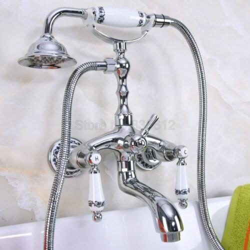 Polished Chrome Clawfoot Bathtub Faucet Set with Handheld Shower Dual Handles Mixer Taps Wall Mounted tna215