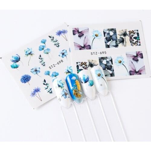 Blue Florals Nails Art Manicure Water Stickers Design Nail Decals For Nails Tips Decoration