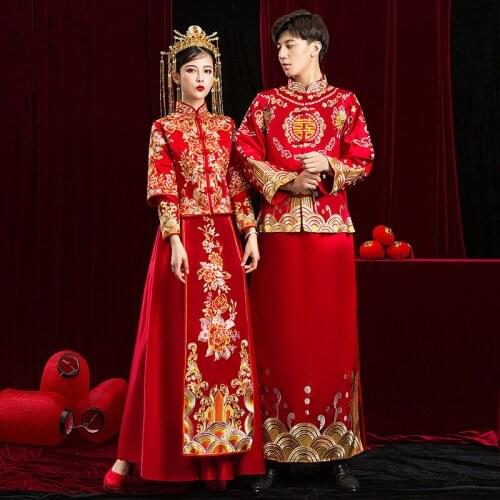 Traditional High Quality Flower Embroidery Bride Groom Wedding Dress Retro Chinese Refined Stylish Marry Cheongsam Oversize 6XL