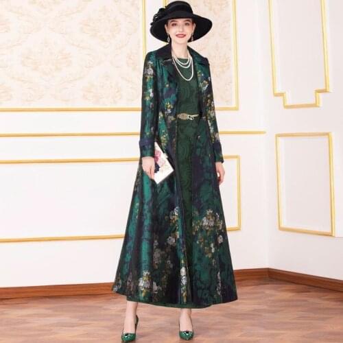 Fall Spring 2020 New Middle Age Womens Clothes , Woman Green Dobby Floral Long Trench Coat , 6xl Overcoats for Women