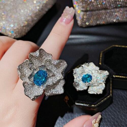 Bling Big Flower 925 Sterling Silver Exaggerated Blue Crystal Temperament Fashion Gift Female Opening Rings Prom Luxury Jewelry