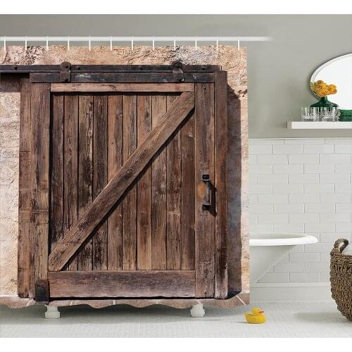 Rustic Shower Curtain Aged Sliding Door Barn Garage with Texture Authentic Vintage and Architectural Rural Bathroom Accessories
