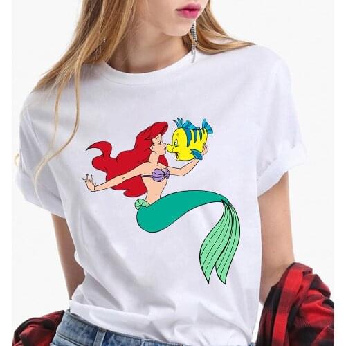 Funny Cartoon Women T Shirt New Summer Fashion Harajuku Cartoon Top Tshirt The Little Mermaid Ariel Flounder Print White T-shirt