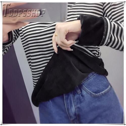 2019 Black And White Stripe Women T Shirt Lining With Fluff Winter Bottoming Female Tee Tops