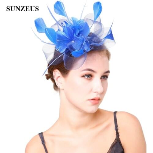 Blue Feathers Hats for Women Tulle Flower Sharp Ivory Bridal Hats Wedding Hair Accessories sombrero mujer boda SH46