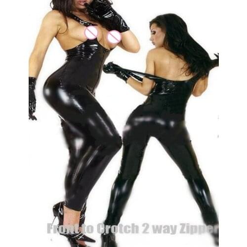 Fast Shipping Ladys Black Catsuit Sexy Latex Lingerie 2 Way Zipper PVC Open Bust Faux Leather Clothes Wholesale Costume