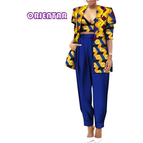 3 Pieces Women Set African Wax Print Crop Tops and Pants Suit 2021 New African Clothes Casual Outfits Africaine Femme WY641