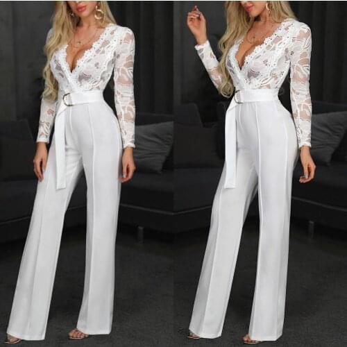 Women Sexy Long Jumpsuit Lace Deep V Neck Long Sleeve Splicing Long Straight Pants Slim Sheath Office Lady Workwear Hot Feminino