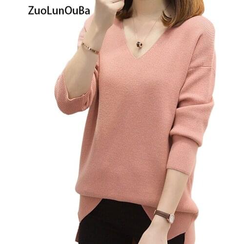ZuoLunOuBa Spring Autumn Sexy Casual V-Neck Women Sweater Solid Long Sleeve Knitting Pullover Loose High Quality Bottoming Shirt