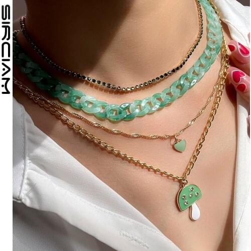 4 Pcs Green Mushroom Chunky Acrylic Beaded Necklace For Women Heart Charm Crystal Choker Layered Necklaces Boho Femme Jewelry