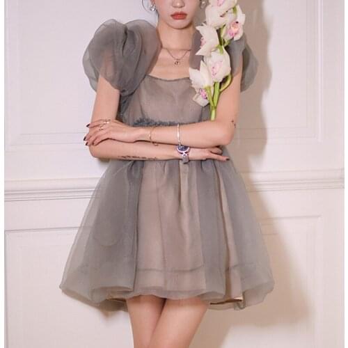 Summer New Fashion Office Lady Vintage Design Slim Womens Clothing Double Layer Mesh Hollow Out Puff Sleeve Slash Neck Dress
