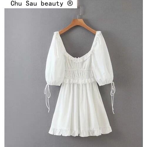 New Fashion 2021 Vintage Hollow Out Embroidery White Cotton Mini Dress Women Casual Square Collar Puff Sleeve Dresses Female