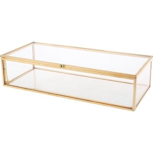 Golden Vintage Glass Lidded Box Edge Bracelet Keepsake Decorative Jewelry Display Personalized Large Clear Rectangle Box