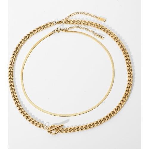 2pcs/set Stainless Steel Double Cuban Chain Snake Chain Necklace For Women 14K Gold Plated OT Stick Buckle Choker Neckalce