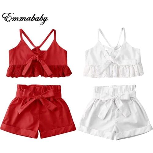 NEW 2020 Summer Infant Kids Girls Clothes Sets Ruffles Lace Solid Sleeveless Bow Belt Vest Tops+Shorts 2pcs