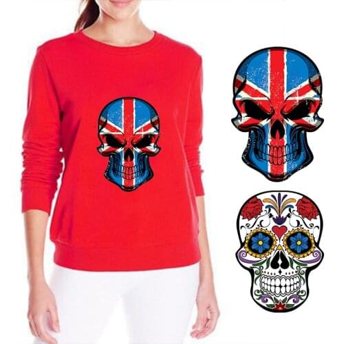 2pcs Flower Flag Skull Iron on Heat Transfer Printing Vinyl Thermal Patches Stickers Washable for Clothes T-shirts DIY Appliques