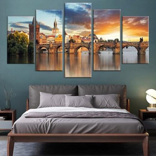 Canvas HD Prints Pictures Wall Art Posters 5 Pieces Prague Vltava River Stone Bridge Landscape Paintings Home Decor Framework