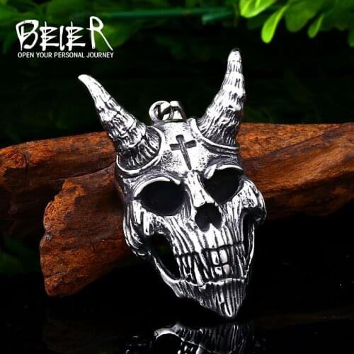 BEIER 316L stainless steel Goat Horn Devil Skull Mens Pendant Necklace Vintage Cross High Quality Jewelry LLBP8-551P