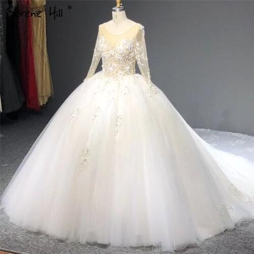 Serene Hill Arabia Handmade Flowers Beading Shiny Wedding Dress 2020 High-end Long Sleeves Sexy Bridal Gown Custom Made CHA2283