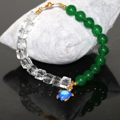 Bohemia style green blue 8mm natural stone jades chalcedony round beads bracelets white crystal cloisonne jewelry 7.5inch B2962