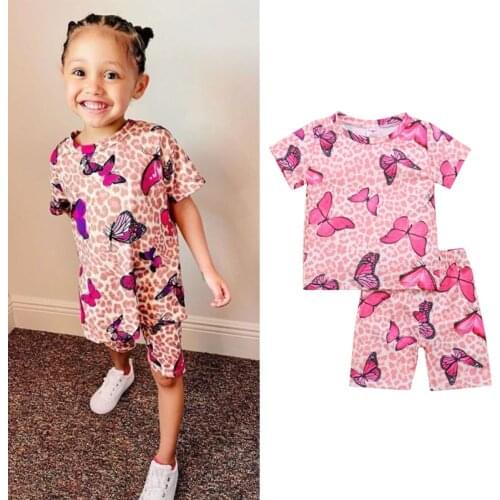 FOCUSNORM 1-6Y Summer Causal Kids Girls Clothes Sets Leopard & Butterfly Print Short Sleeve T Shirts Tops Shorts