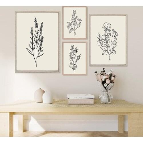 Simple modern Nordic abstract black and white line plant decorative painting picture print poster mural living room bedroom
