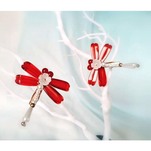 Red Dragonfly Hair Clips Flower Pearl Hanfu Gril Hair Acceaaory Jewelry Handmade Hair Clip
