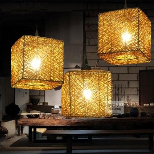 Hemp Rattan Square Birds Nest Pendant Lights Chinese LED Dining Room Restaurant Lamp Southeast Asian Decorated Hanging Lights